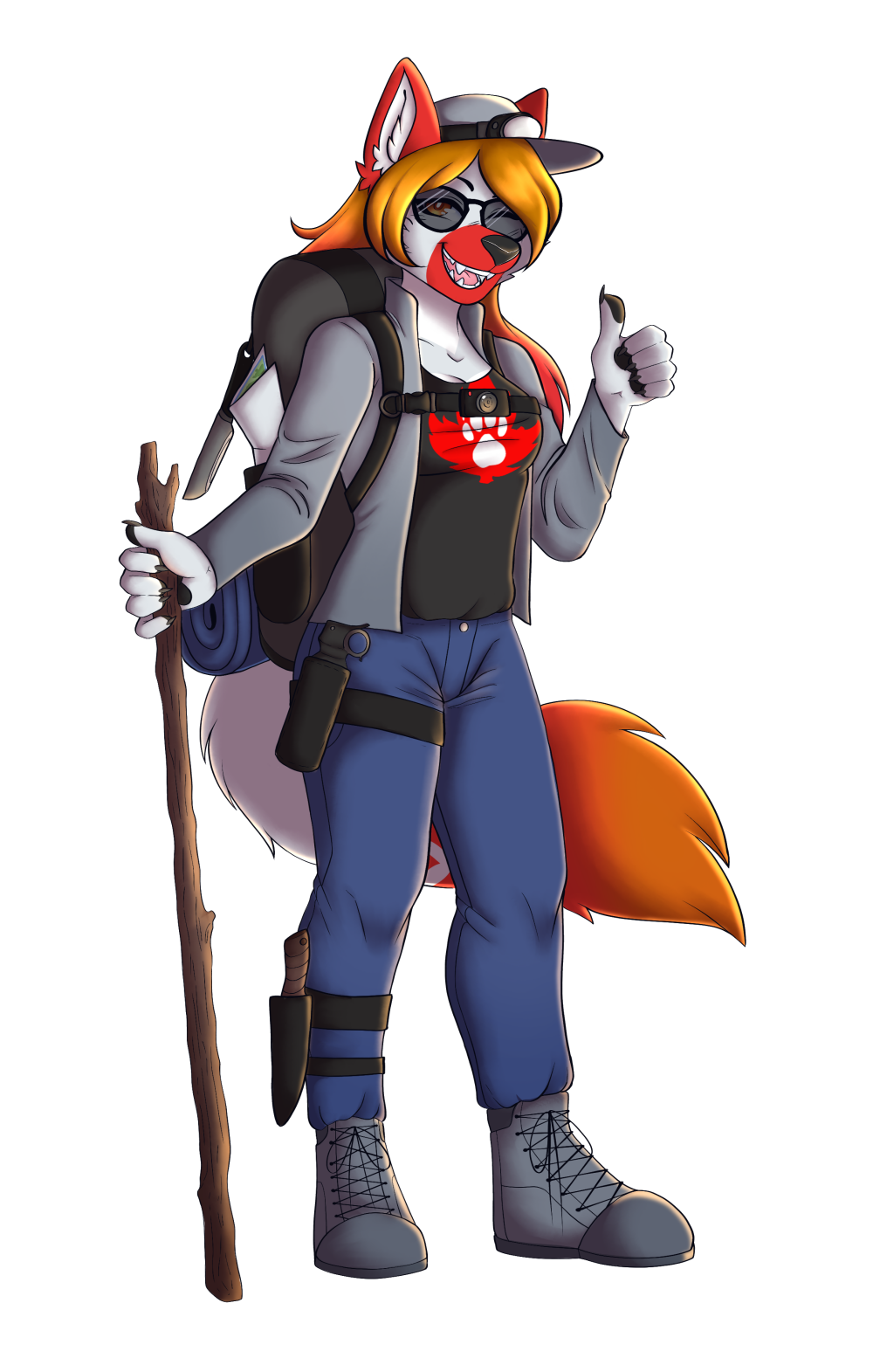 Our mascot Lydia, an arctic fox lady with grey fur and red highlights, is decked out in survival gear and is giving the thumbs-up.